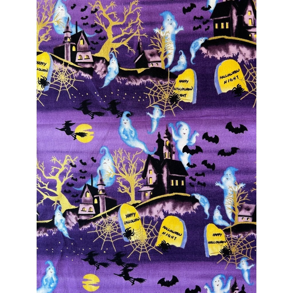 Fabric -OOP Halloween Purple Haunted Houses Ghosts Witches Gravestones 36" x 43"